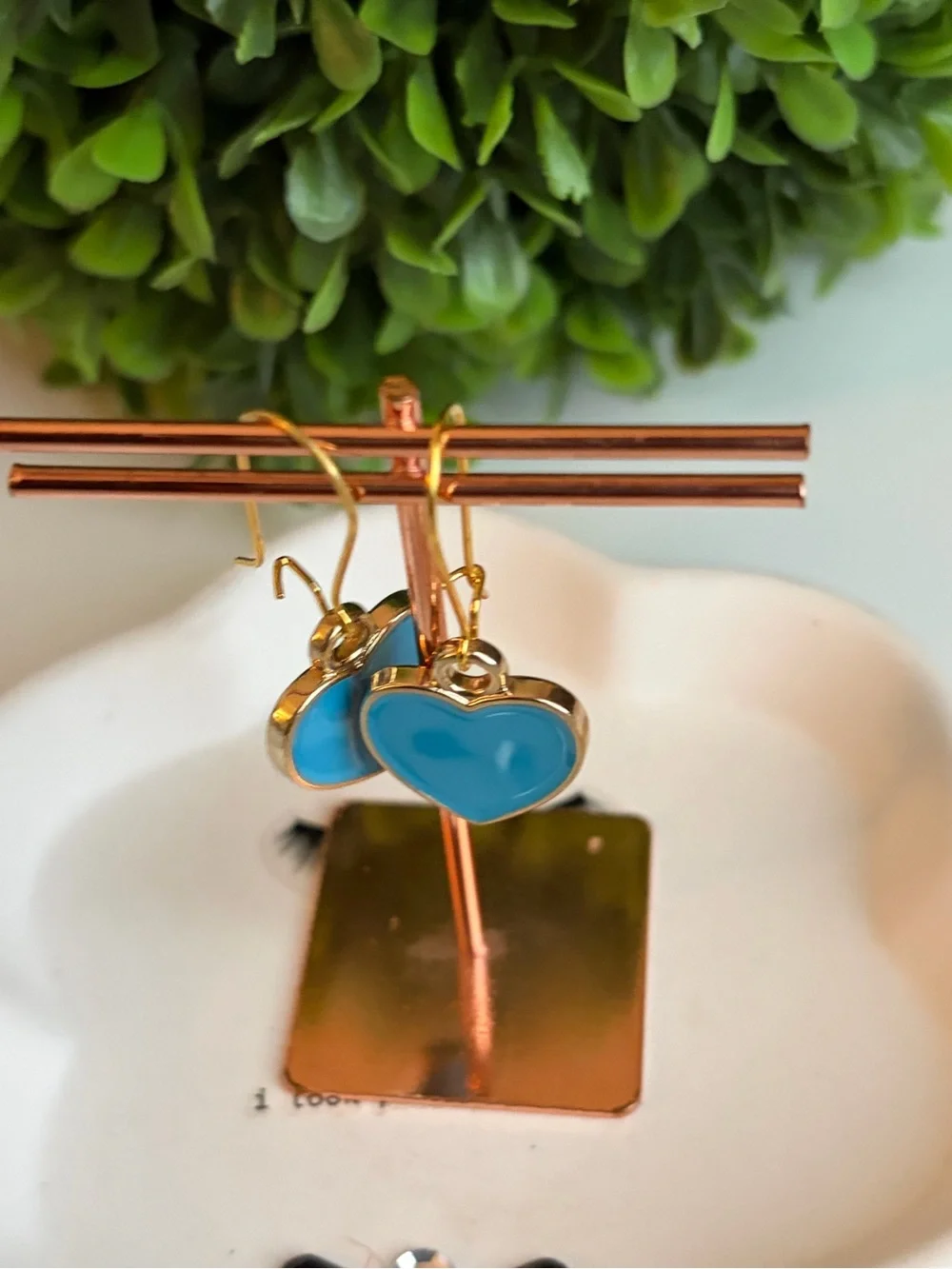 Gold Heart Drop Earrings with Turquoise Enamel